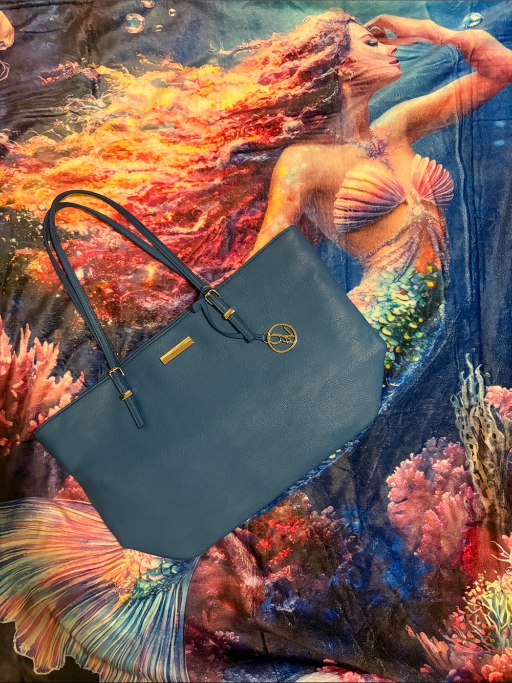 Nine West Blue Pebbled Leather like Tote with Gold Hardware